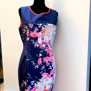 Tahari sheath dress. sleeveless navy with pink floral. Size 12. Flattering.